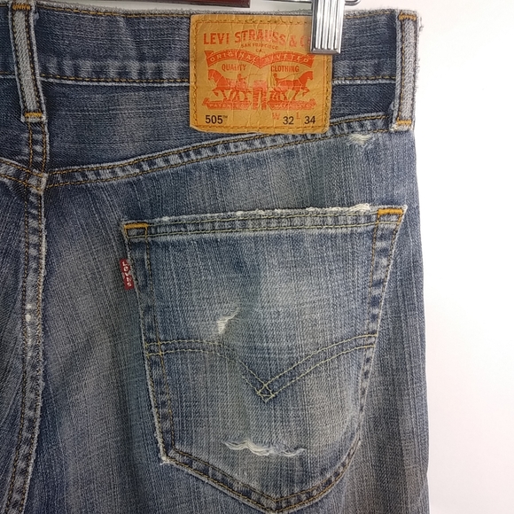 Levis 505 33 Mens Dark Stone Wash Destroyed Jeans - Picture 6 of 9